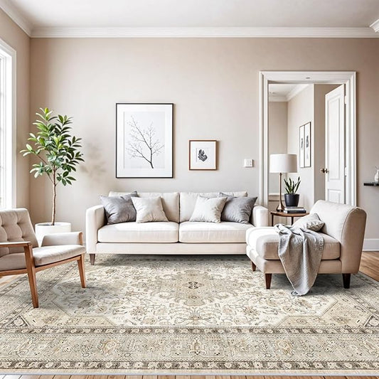 10x12 Rugs Living Room: Large Washable Soft Neutral Oriental Area Rug for Bedroom Farmhouse Low Pile Stain Resistant Thin Rugs Distressed Non Slip Backing Waterproof Indoor Carpet 10'x12' Ivory
