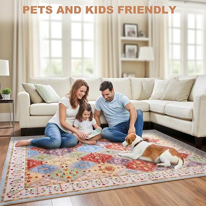 5x7 Washable Area Rug for Living Room, Boho Non-Slip Bedroom Rugs, Moroccan Floral Trellis Carpet Soft Low Pile Accent Indoor Mat for Kitchen Laundry Room Nursery, Cream