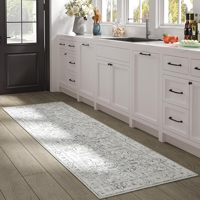 jinchan Kitchen Runner Rug 2x8 - Vintage Floral Machine Washable Non-Slip Hallway Runner Rug with Rubber Backing Ultra-Thin Carpet for Bedroom Laundry Room Farmhouse (2x8ft,Grey)