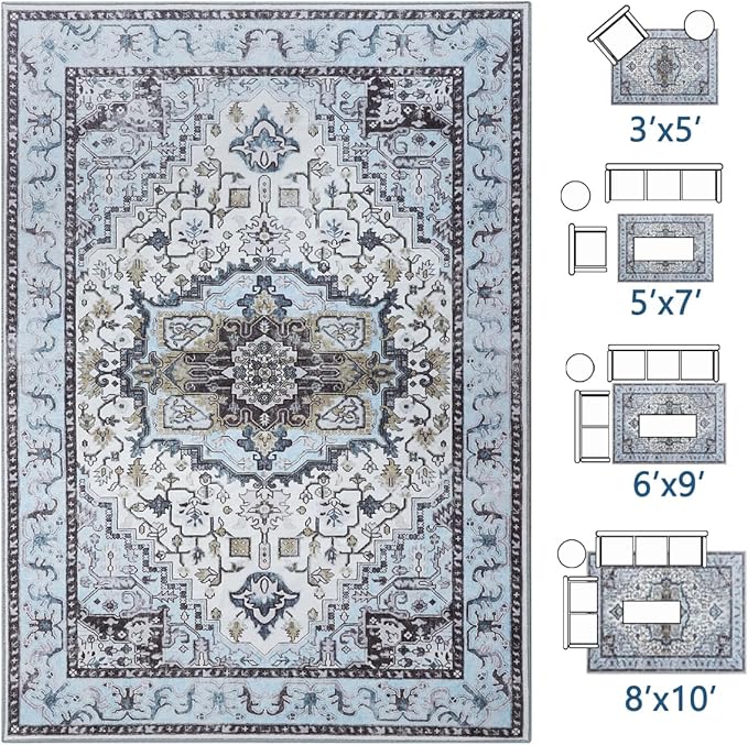 Vitnage Blue Area Rug, Low Pile Washable Rugs, Non-Slip Distressed Rugs for Bedroom, Living Room, Kitchen, Dining Room (Blue, 5x7)