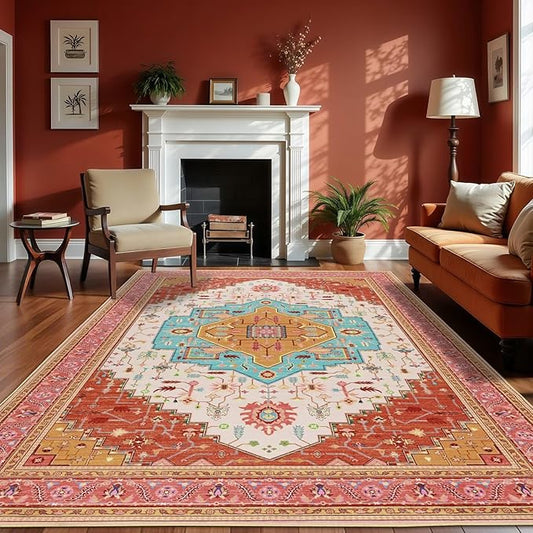 5x7 Orange Pink Area Rug for Living Room, Machine Washable Rugs with Non-Slip Backing for Bedroom, Vintage Medallion Carpet Dining Room Office Kids Room Decor