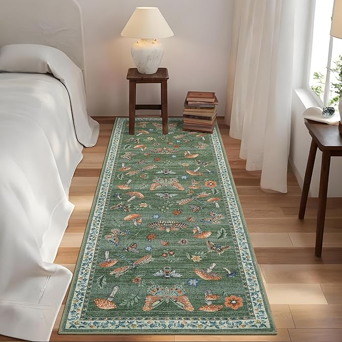 2.5x10 Runner Rug for Hallway Washable Kitchen Rugs Non Slip with Rubber Back Mushroom Soft Low-Pile Stain Resistant Foldable Indoor Carpet for Entryway Laundry Room Floor Mats Green