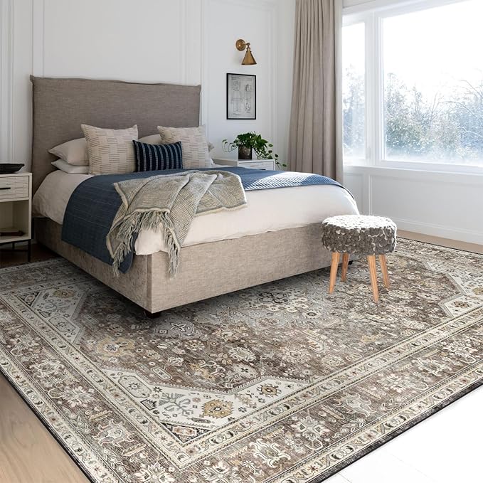 Washable Area Rug - 8x10 Bedroom Living Room Large Indoor Rugs Soft Oriental Vintage Rugs Non-Slip Backing Stain Resistant for Farmhouse Kitchen (8x10 Brown)