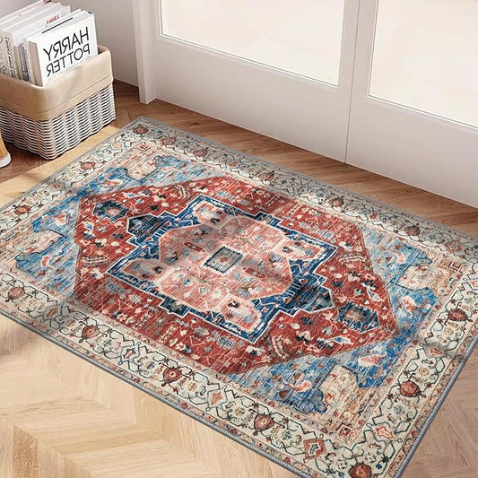 2x3 Area Rug - Non-Slip Machine Washable Low-Pile Soft Boho Oriental Carpet for Entryway, Living Room, Bedroom, Kitchen | Door Mat, Small Space Decor & Indoor Use