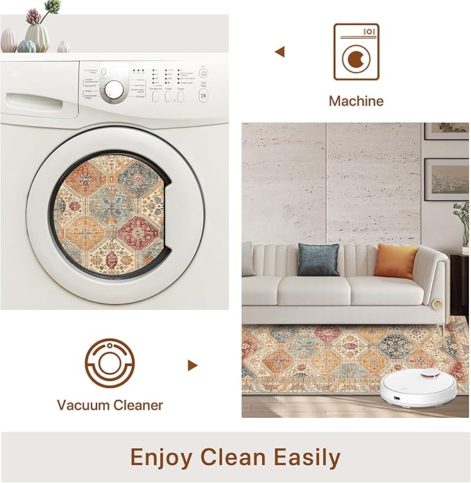 Bavni 8x10 Area Rugs for Living Room, Machine Washable Rug Non Slip, Vintage Chenille Distressed Print Carpet, Large Low Pile Ultra-Thin Lightweight Rugs for Bedroom, Dining Room, Home, Office, Orange