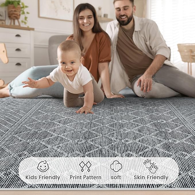 2x3 Rug Entryway Rugs: Washable Boho Small Geometric Moroccan Printed Pattern Rug Modern Indoor Soft Non Slip Ultra Thin Front Door Mat for Kitchen Bedroom (Black, 2'x3')