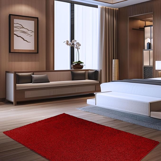 Solid Color Area Rugs Red - 5' Pentagon, Indoor, Stain & Fade Resistant, Perfect for Living Room, Bedroom, Dining Room, Entryway, Doorway, Pet & Kids Friendly Rug, Wedding, Made in USA