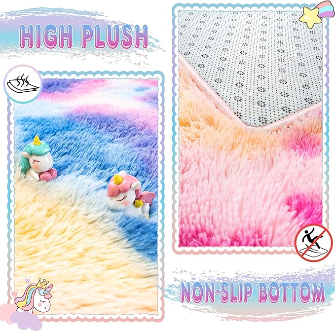 Ultra Fluffy Area Rugs for Living Room Bedroom, 6x9 Fuzzy Large Living Room Rugs, Thick Shag Rug for Dorm, Soft Non Slip Kids Girls Boys Rug for Home Decor Aesthetic, Dark Rainbow