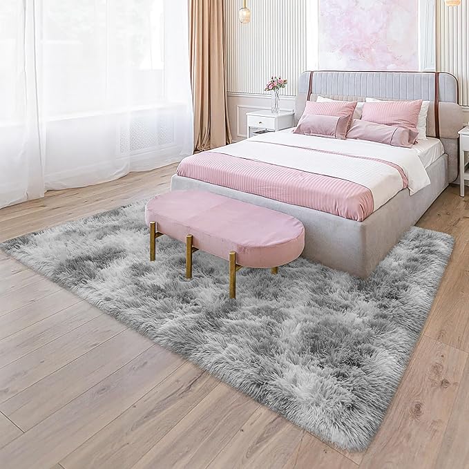 4x6 Ft Light Grey Large Area Rugs for Bedroom,Fluffy Furry Rug Floor Carpets Shaggy Playing Mat for Kids Baby Girls Room Nursery Home Decor Tie Dyed Gray Thick Rugs Fuzzy Home Decor