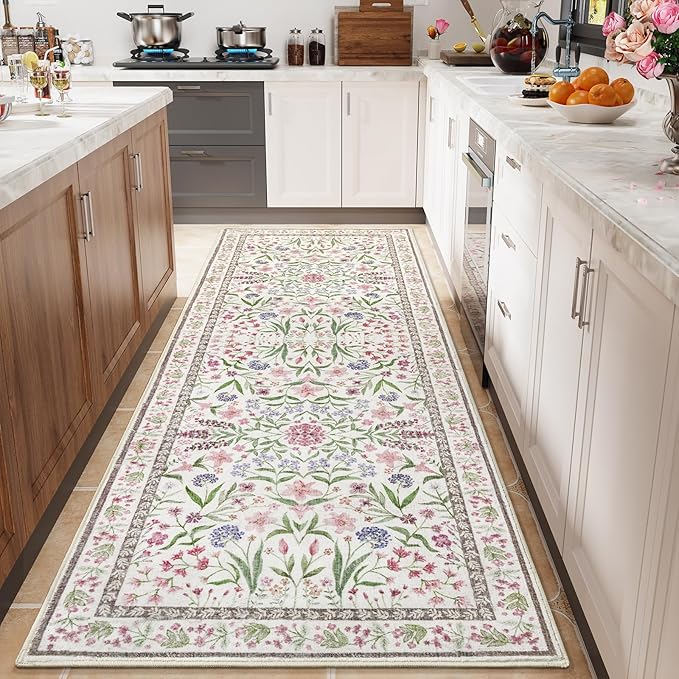 Amearea Pink Runner Rugs for Hallway, 2x6 Feet Area Rugs for Bedroom Girls, Washable Floral Collection Bedside Rugs Low Pile Print Carpet, Kids Room Entrance Kitchen Living Room Decor