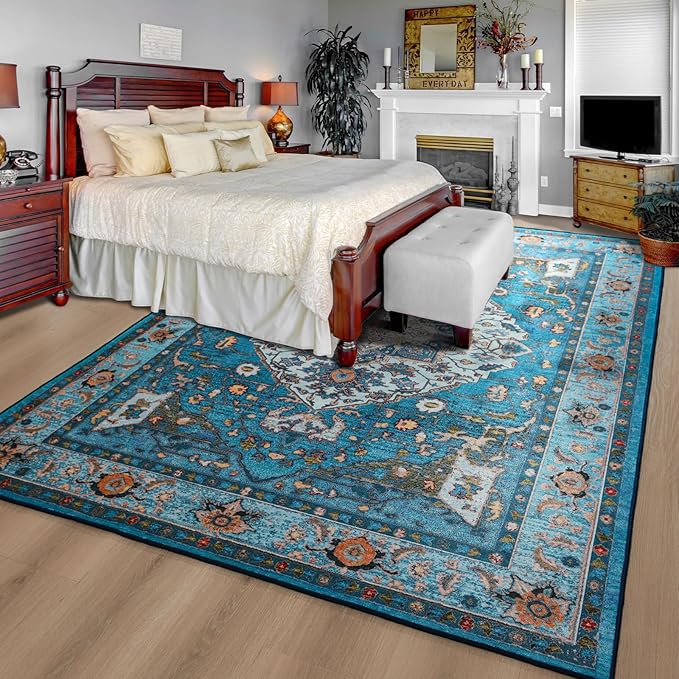 YJ.GWL Large Area Rug for Living Room, 5x7 Machine Washable Boho Rug for Bedroom, Low Pile Lightweight Thin Rugs Floral Vintage Distress Print Pattern Carpet for Dining Room, Blue/Multi