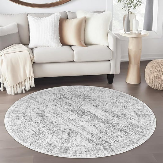 4x4 Grey Round Rug 4ft Gray Entryway Rug Vintage Round Area Rug Non-Slip Indoor Carpet for Living Room Dining Room Bedroom