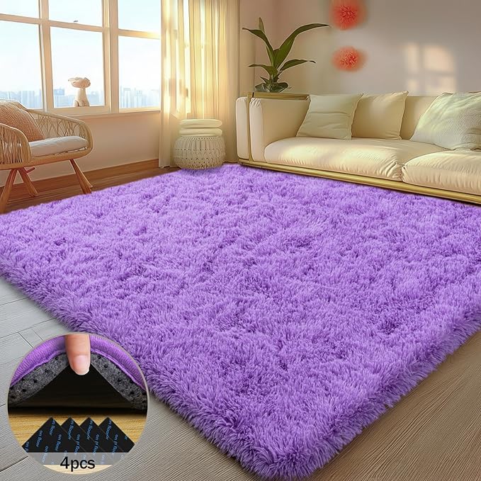 5x7 Rugs for Living Room, Large Fluffy Area Rugs for Bedroom, Soft Carpet Shag Kids Rug with 4 Non-Slip Rug Pads (Purple, 5ft x 7ft)