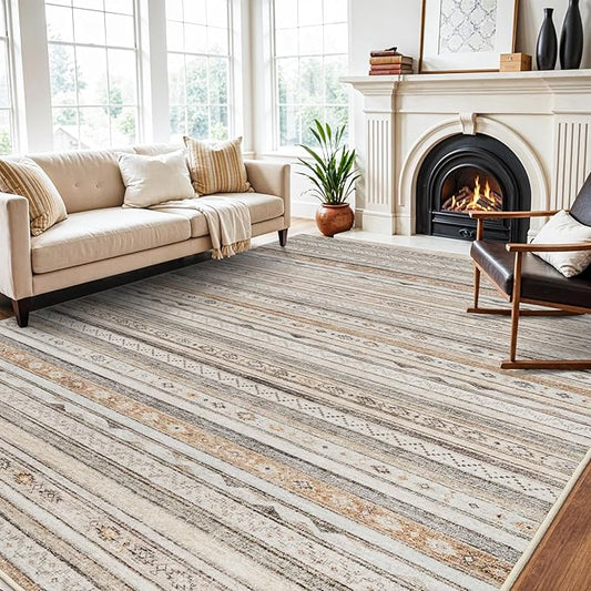 9x12 Area Rugs Living Room, Large Washable Rug for Bedroom Ultra Thin Striped Rug with Non Slip Rubber Backing Stain Resistant Soft Low Pile Indoor Carpet Dining Room Waterproof - 9x12 Beige/Multi