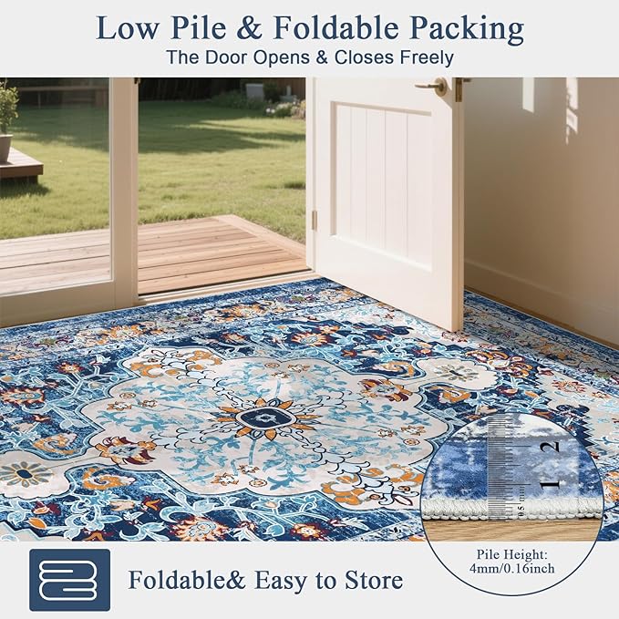 U'Artlines Boho Vintage Area Rug 5x7 Machine Washable Low Pile Soft Floor Carpet Non Slip Non Shedding Accent Rug for Living Room Bedroom Entryway Dining Room Office Blue