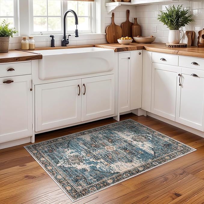 RUUGME 2x3 Area Rugs Indoor - Large Boho Rugs for Living Room Stain Resistant Carpet Vintage Tribal Rugs for Bedroom Kitchen Bathroom with Non Slip Backing Home Decor Floor Decoration Mat 2x3 Blue