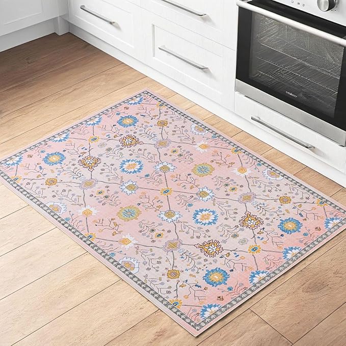 Syalife 2x3 Area Rugs, Non Slip Washable Small Rugs for Entryway, Kitchen, Bathroom, Kids Room, Low Pile Entry Throw Rug Indoor Front Door Mat (Pink Floral, 2'x3')