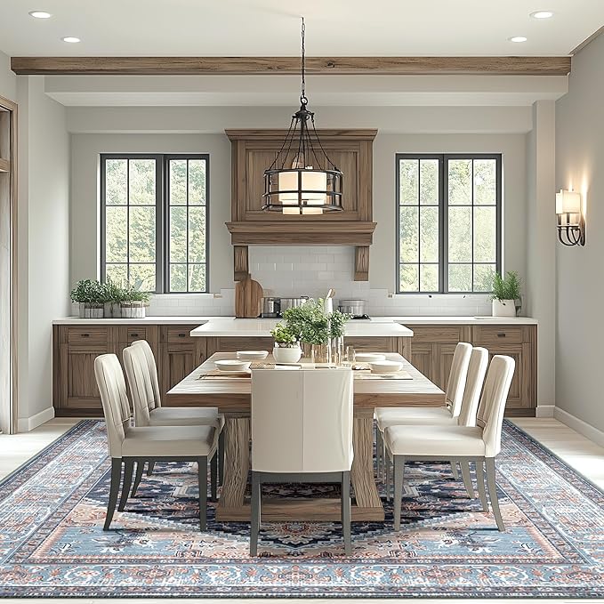 BESTSWEETIE 8x10 Area Rugs for Living Room Washable Non Slip Carpet Low Pile Soft Vintage Print Pattern Rug for Bedroom Dining Room Kitchen Entryway Indoor-Navy Blue/Light Blue/Natural/Brick
