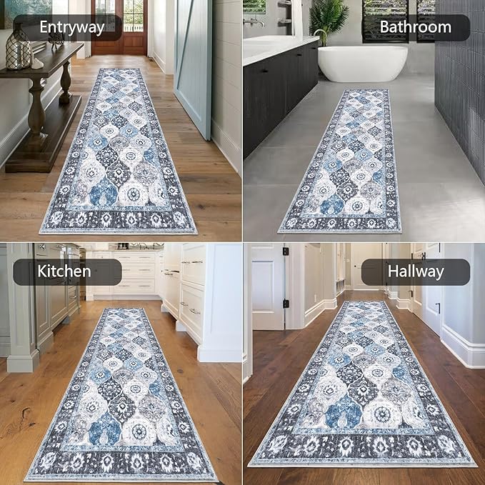 HEBE Hallway Runner Rug 2'8”x8' Washable Vintage Distressed Area Rugs Non Slip Laundry Rug Runner Boho Floor Carpet Runners for Hallways Entryway Laundry Room Kitchen Bathroom
