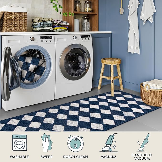 Lahome Checkered 2x8 Hallway Runner Rug,Soft Kitchen Runner Rugs Non Skid Washable,Blue Bathroom Carpet Runners,Moroccan Trellis Low Pile Rug Runners for Entryway Laundry Room Foyer(2'x8',Blue)