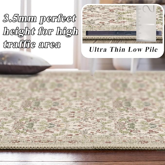 2x5 Rug Runner Washable: Non-Slip Oriental Floral Carpet for Bathroom Kitchen Hallway - Farmhouse Low Pile Stain Resistant Long Thin Front Door Mat 2x5 Off - White/Green/Multi