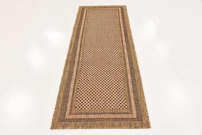 Unique Loom Outdoor Border Collection Area Rug - Multi Border (2' 2" x 6' Runner, Light Brown/ Brown)