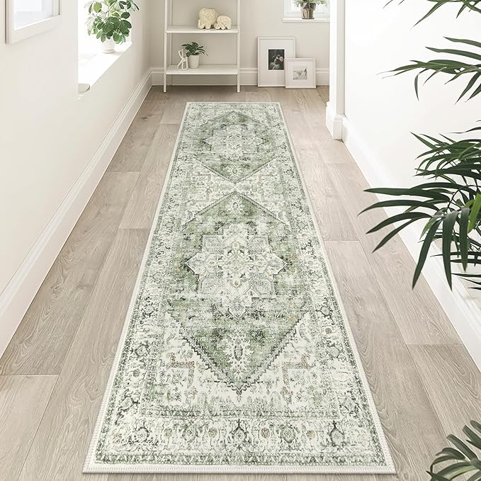 LIVEBOX Sage Green Runner Rug Non-Slip 2.5x8 - Oriental Bedroom Rugs Long Hallway Rugs for Home Decor, Low-Pile Vintage Carpet for Bathroom, Non-Slip Soft Carpet Throw Rug for Laundry Room