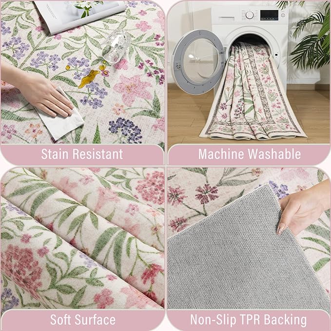 Amearea Pink Runner Rugs for Hallway, 2x6 Feet Area Rugs for Bedroom Girls, Washable Floral Collection Bedside Rugs Low Pile Print Carpet, Kids Room Entrance Kitchen Living Room Decor