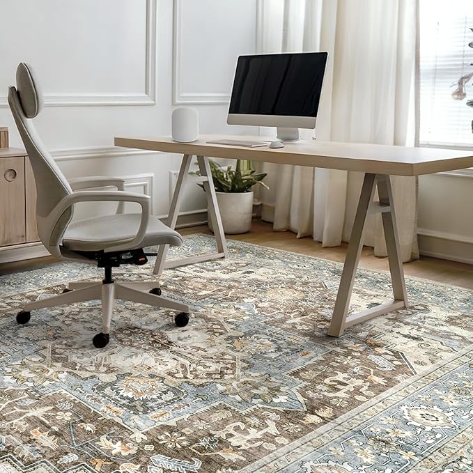 Area Rugs for Living Room 9x12 - Large Machine Washable Vintage Oriental Soft Rug, Low Pile Thin Carpet with Non Slip Backing for Bedroom, Dorm, Under Dining Room Table, Indoor House, Office Decor
