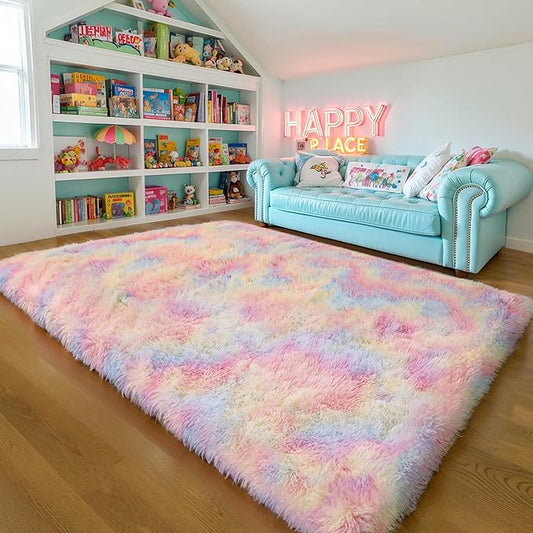 Thick Area Rug 5x8 Unicorn Fluffy Shag for Girls Bedroom, Rainbow Soft Fuzzy Furry Shaggy Pastel Rug for Living Room,Thickened Washable Non Slip Princess Kids Nursery Boys Dorm Room Carpets