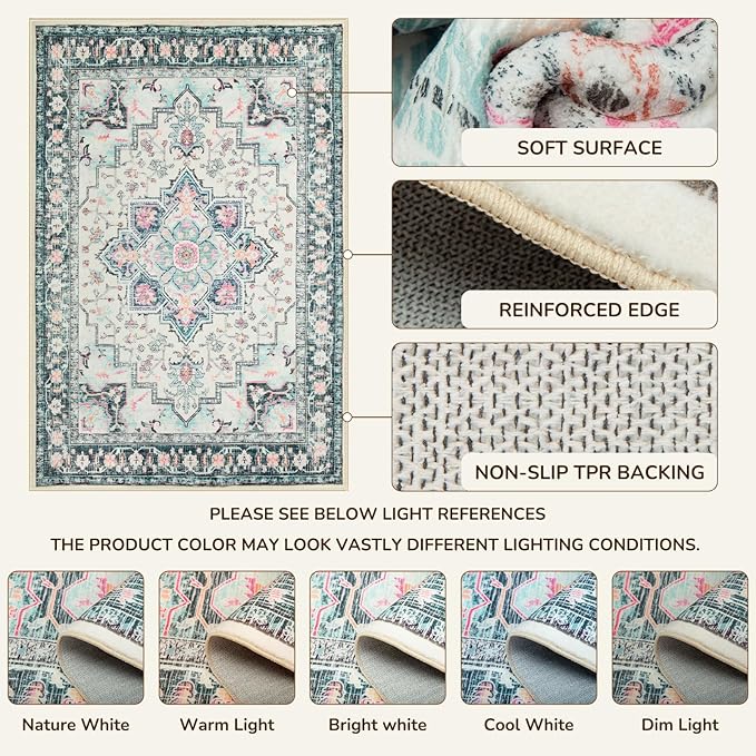 BESTSWEETIE 2x10 Area Rugs for Living Room, Washable Ultra Soft Boho Vintage Print Pattern Rug Non Slip Low Pile Carpet for Dining Room Bedroom Entryway Indoor-Multi/Blue/Beige/Pink
