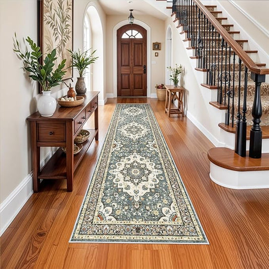 Washable Oriental Hallway Runner Rug - 3x12 Rugs for Living Room Soft Carpet for Bedroom Kitchen Waterproof Floral Distressed Indoor Stain Resistant Non-Shedding Floor Carpets (Blue, 3X12)