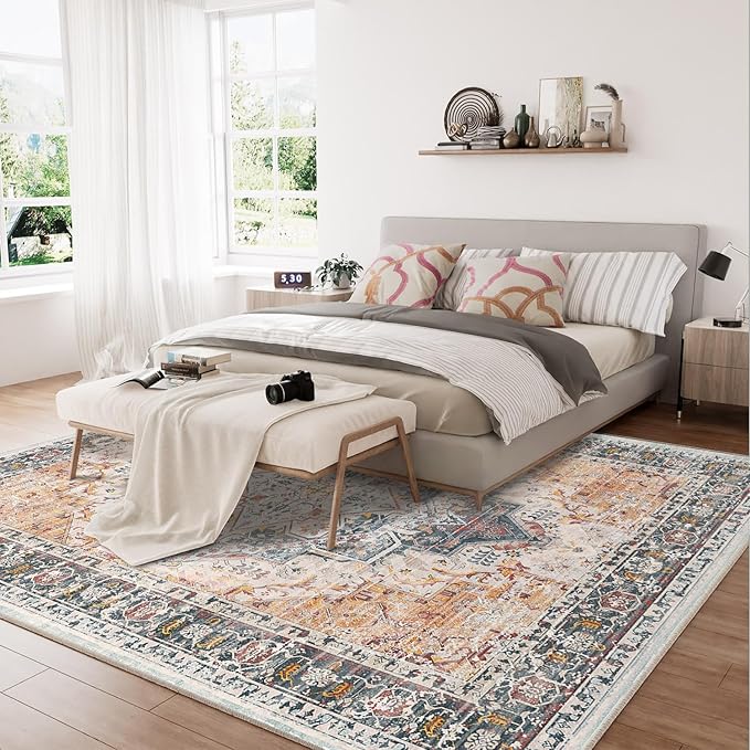 3x5 Area Rug Boho Machine Washable Living Room Rug Non Slip Low Pile Vintage Print Distressed Soft Carpet for Bedroom Diningroom Black/Yellow/Pink