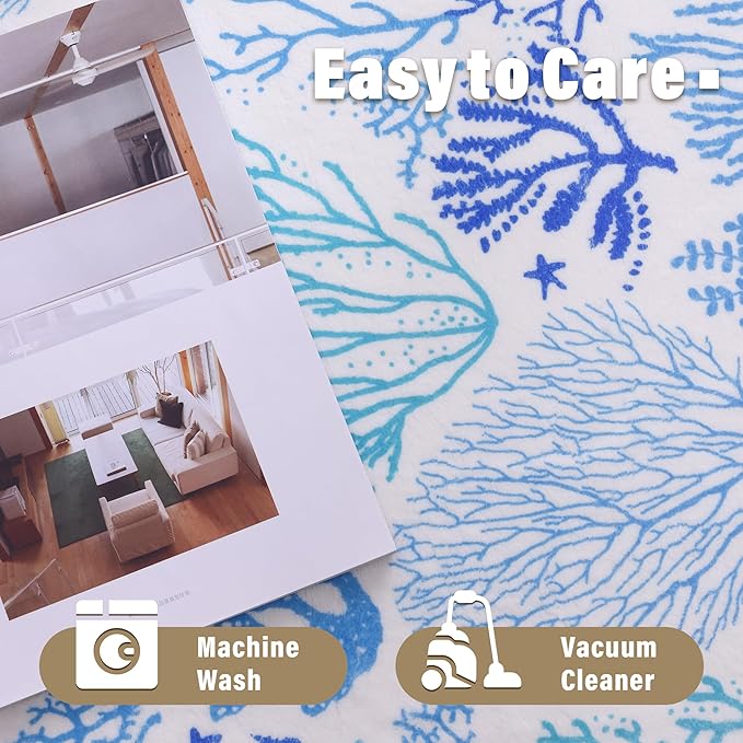 Carvapet Rugs for Hallway Laundry Bedroom, Modern Floral Low Pile Long Carpet with Rubber Backing, Foldable, Non Slip Machine Washable (10 x 3 Feet Rectangular, Sea World Runner Rug)