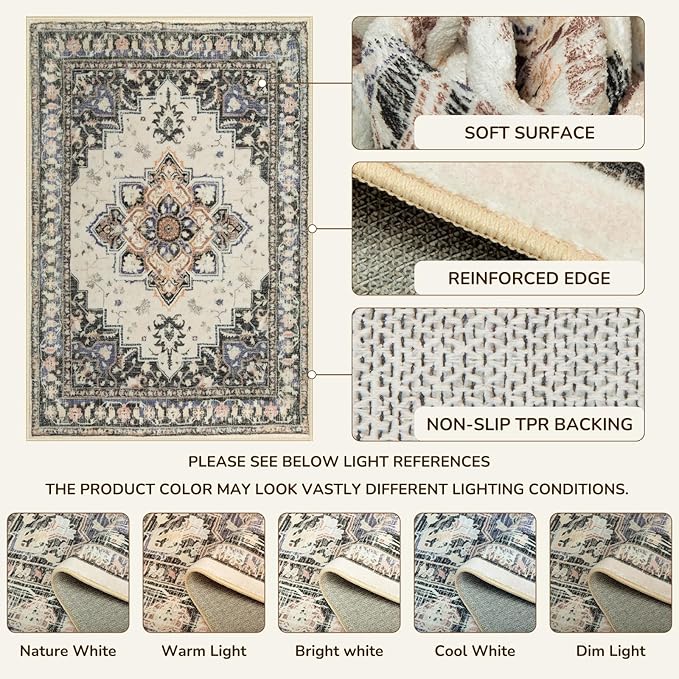 BESTSWEETIE 6x9 Area Rugs for Living Room, Washable Ultra Soft Boho Vintage Print Pattern Rug Non Slip Low Pile Carpet for Dining Room Bedroom Entryway Indoor-Khaki/Beige/Purple/Black