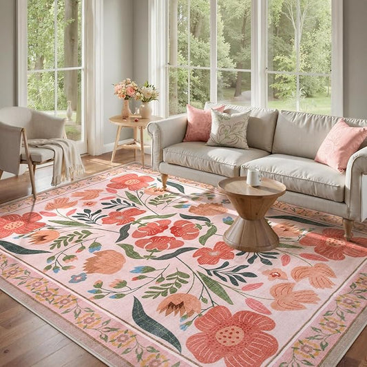 Beeiva Floral Washable Beige Rugs, 8x10 Area Rugs for Living Room with Low Pile, Non Slip Non-Shedding Carpet for Dorm Nursery Kids Room (Beige,8'x10)