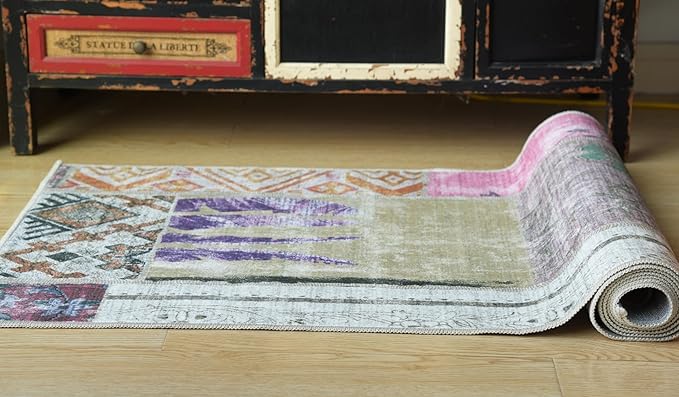Soft Washable Faux Wool Ultra-Thin Patchwork Pink Boho Stain Resistant 7 Foot Runner Rug Non-Slip Backing for Bathroom Bedroom Nursery Hallway Indoor Doormat Bedside Carpet (Multi, 2' x 7')