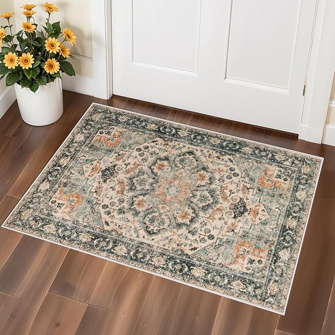 2x3 Washable Area Rug Vintage - Living Room Farmhouse Oriental Rug Distressed Non-Slip Stain Resistant Carpet for Bedroom Dining Room Home Kitchen Office (2x3 Green)