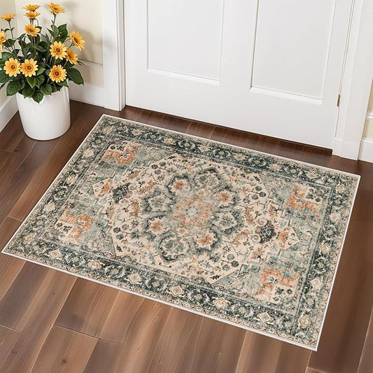 2x3 Washable Area Rug Vintage - Living Room Farmhouse Oriental Rug Distressed Non-Slip Stain Resistant Carpet for Bedroom Dining Room Home Kitchen Office (2x3 Green)