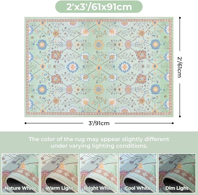 Syalife 2x3 Area Rugs, Non Slip Washable Small Rugs for Entryway, Kitchen, Bathroom, Kids Room, Low Pile Entry Throw Rug Indoor Front Door Mat (Green Floral, 2'x3')