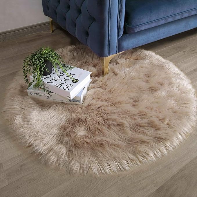 Ashler Faux Fur Beige Round Area Rug Indoor Ultra Soft Fluffy Bedroom Floor Sofa Living Room 35" x 35"