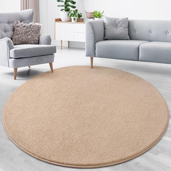 Lascpt Round Rug for Bedroom 5x5, Beige Circle Rug for Living Room Super Soft Thicken Memory Foam Circular Rug, Non-Slip Indoor Area Rug for Modern Home Decor, Round Carpet for Nursery Kid's Room
