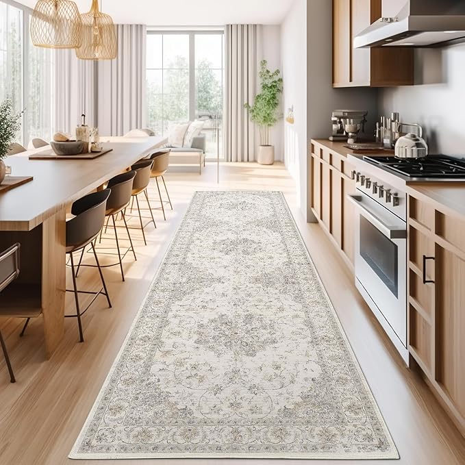 jinchan Kitchen Runner Rug 3x8 Vintage Floral Machine Washable Non-Slip Hallway Rug with Rubber Backing Ultra-Thin Carpet Runner for Bedroom Laundry Room Living Room (3x8ft,Grey)