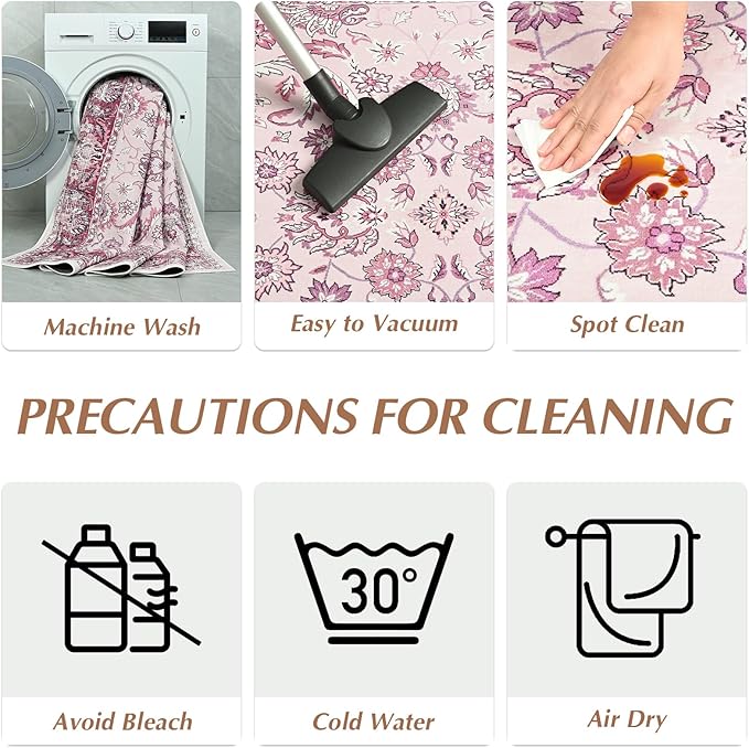 Area Rugs for Living Room, Washable 5x7 Area Rug for Bedroom, Floral Non-Slip Carpet for Nursery Home Office Dining Room Kitchen, Pink and White