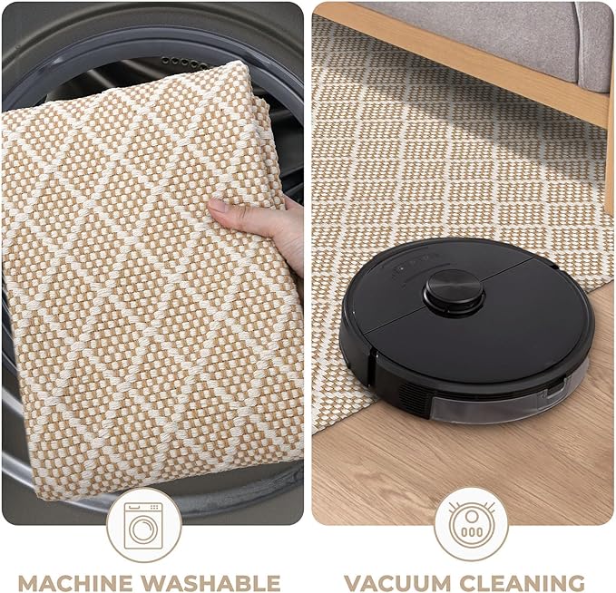 KOZYFLY Runner Rug 2x6 Ft Washable Runners for Hallways Non Slip Rubber Backed Kitchen Runners, Cotton Entryway Runner Indoor, Floor Carpet for Hallway Kitchen Entryway Bedroom, Tan/Beige