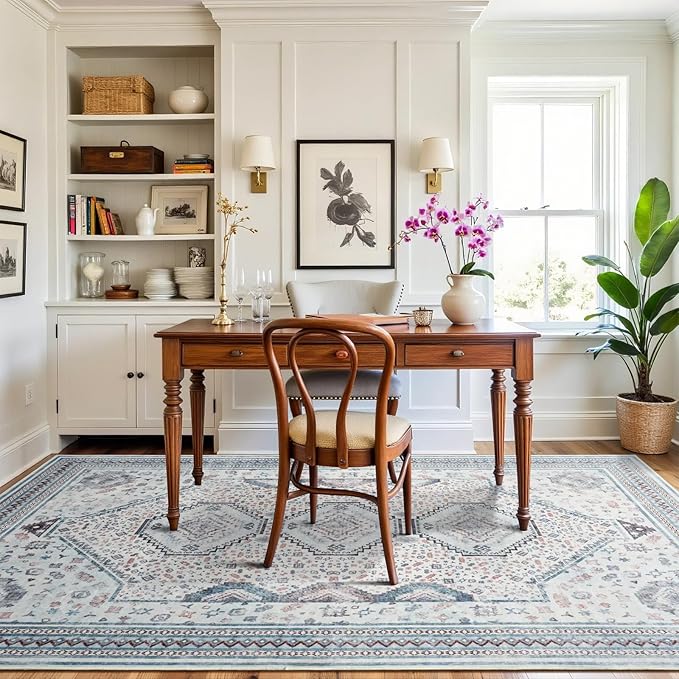 Maxsoft 6x9 Area Rug,Vintage Machine Washable Rugs for Living Room, Soft Non-Slip Low Pile Rug, Stain Resistant Rugs for Kitchen, Bedroom, Dining Room,Laundry Room,Nursery (Beige Blue)