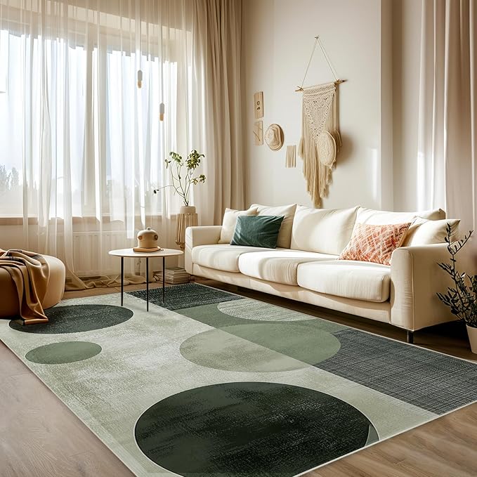 3x5 Area Rugs for Living Room Machine Washable Green Boho Rug Non Slip Printed Circle Geometric Rug Carpet Friendly Modern Rug for Bathroom Bedroom Dining Room Office