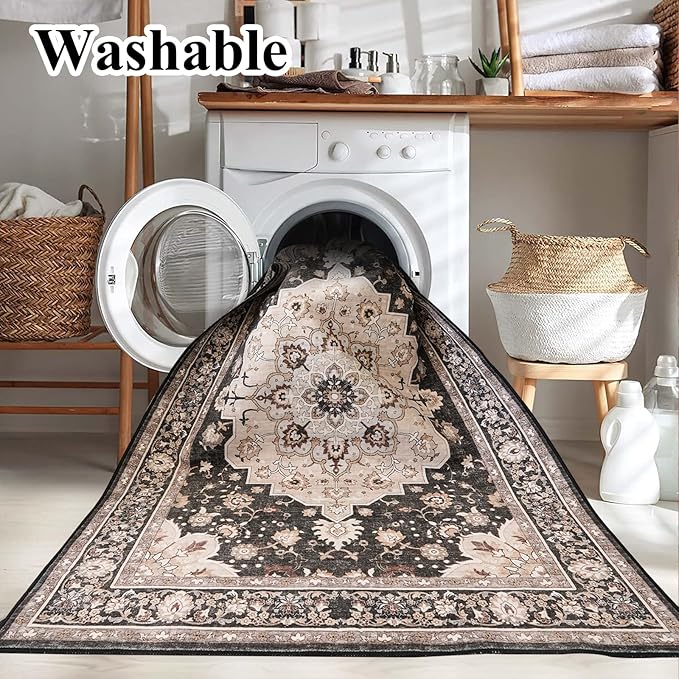 Washable 2x3 Entryway Area Rug: Vintage Non-Slip Backing Rugs for Kitchen Bathroom Water Resistant Carpet for Bedroom Soft Low Pile Front Door Mat for Dining Room 2x3 Black