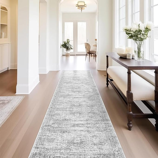 Runner Rug 2'6" x 10' Washable Non-Slip Runner Rugs for Kitchen Bathroom Laundry Room Vintage Ultra Thin Runners for Hallway Entryway Grey