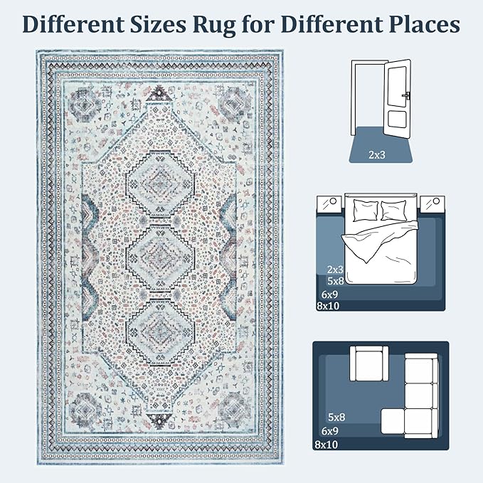 Maxsoft 6x9 Area Rug,Vintage Machine Washable Rugs for Living Room, Soft Non-Slip Low Pile Rug, Stain Resistant Rugs for Kitchen, Bedroom, Dining Room,Laundry Room,Nursery (Beige Blue)